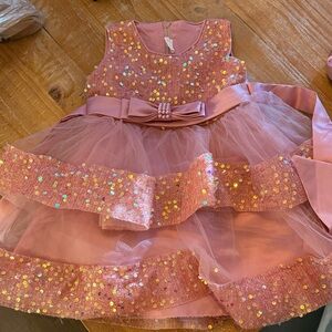 Pink Sequin Tulle Dress with Bow